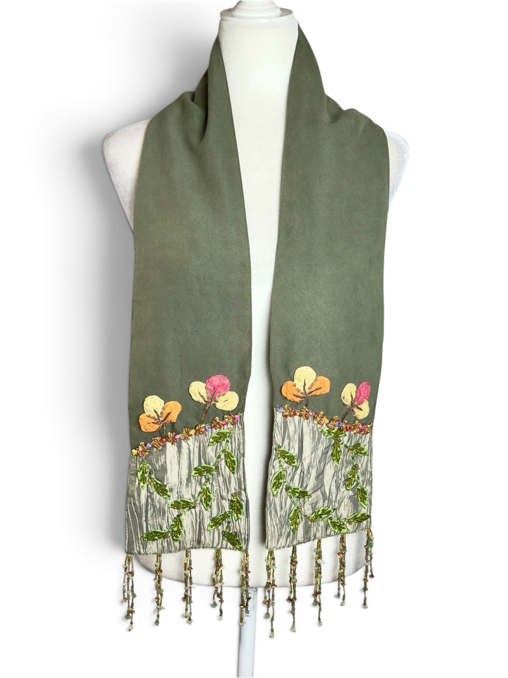 Vintage Mary Frances 100% Silk Beaded Scarf Olive Green Floral Tulip Fringe